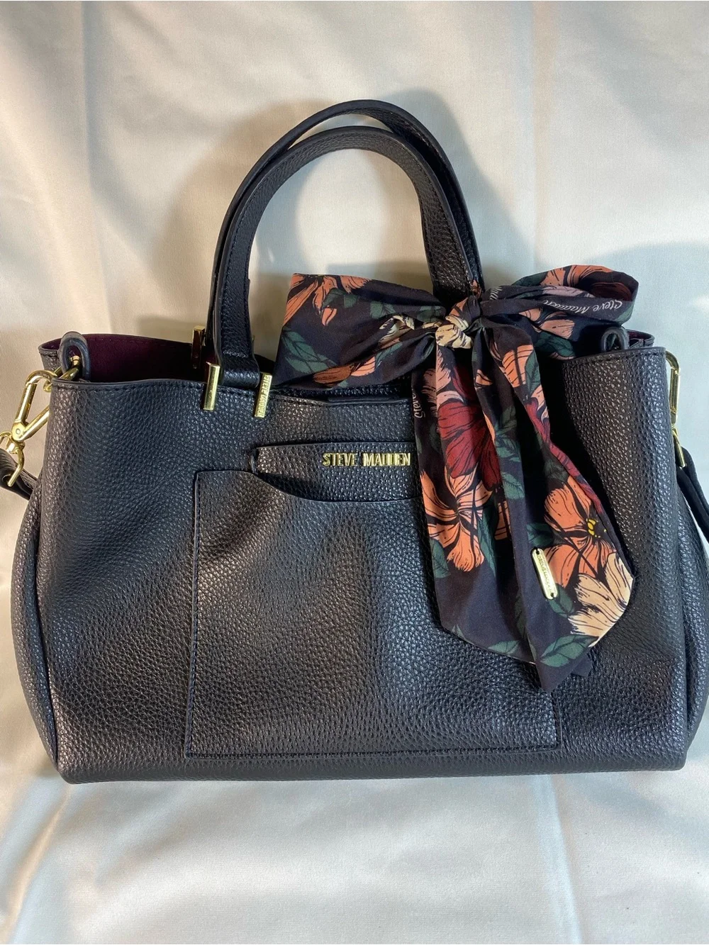 Steve Madden Black Pebbled faux leather purse with Floral Scarf Accent